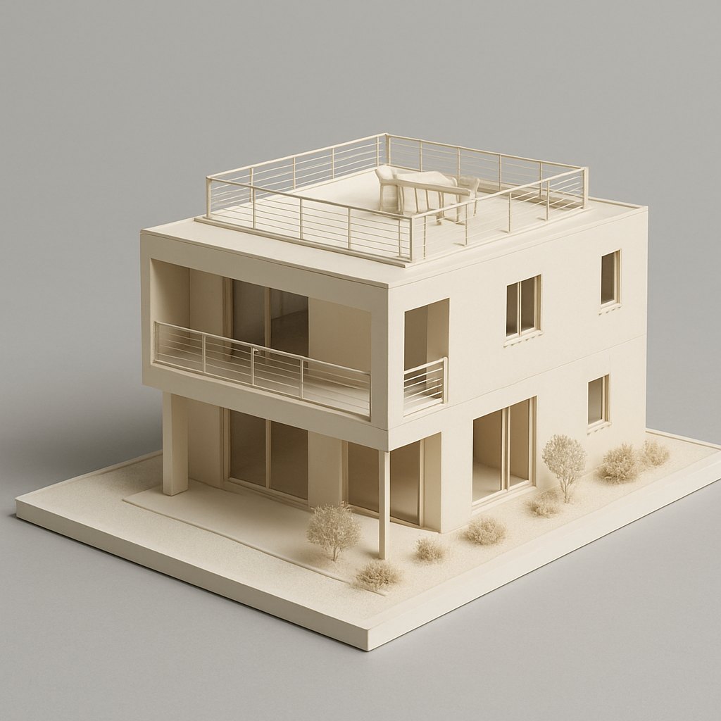 Maqueta física a escala del Modelo Marejada mostrando la terraza en la azotea con mobiliario exterior